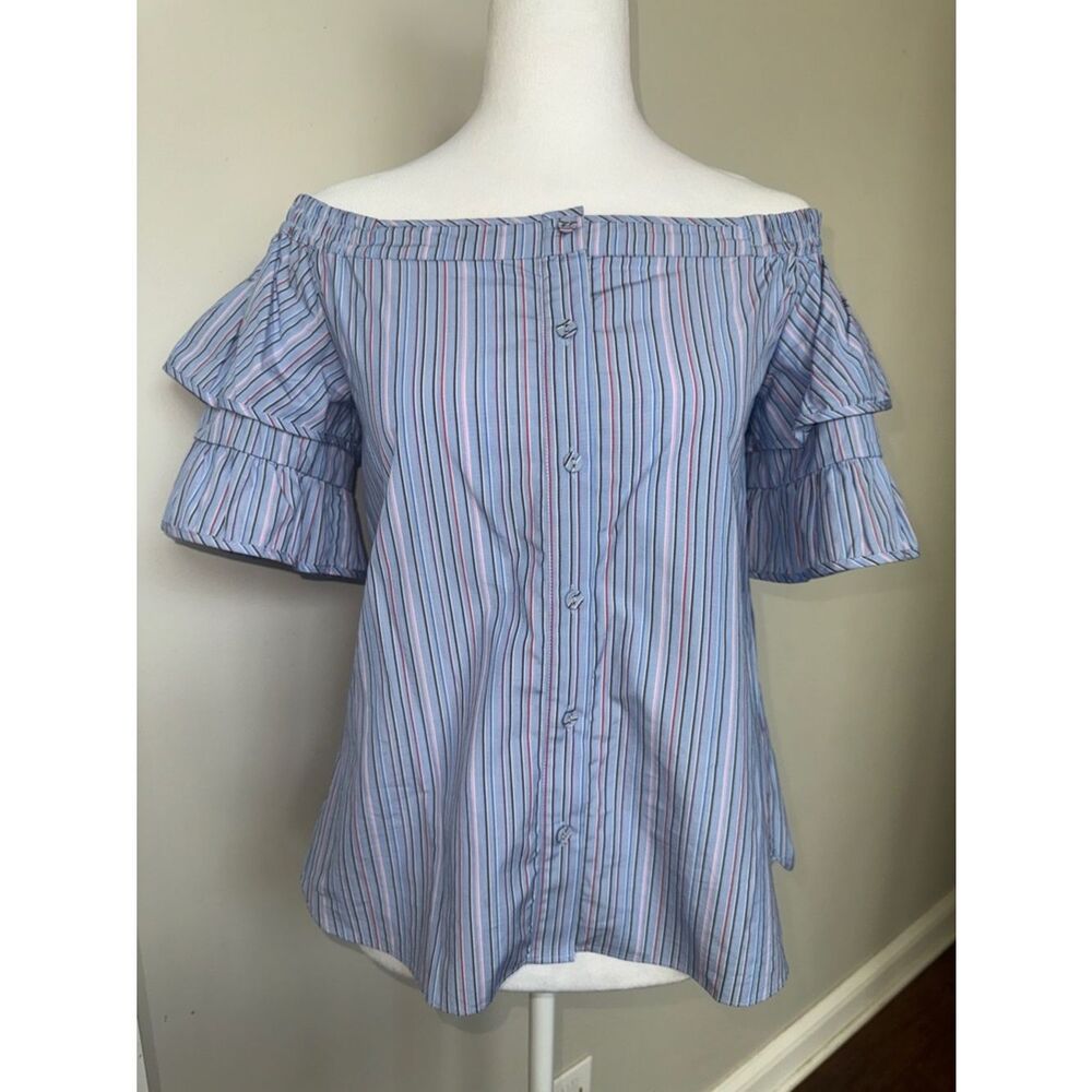 Parker Light Blue Striped Off-Shoulder Ruffle Sleeve Top